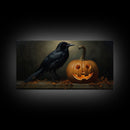 Halloween Decor, Spooky Crow Print, The Raven and The Jack O Lantern, Halloween Wall Art, Victorian Oil Painting, Dark Academia, Goth Art