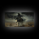 Ghost Cowboy Art, Framed Canvas Print, Halloween art, spooky decor, cowboy art, western decor, grim reaper on a horse in the desert