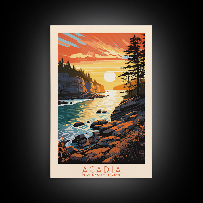 Acadia National Park, Framed Wall Art Canvas Print, Travel Poster, Travel Art, Roadtrip Decor, Cool Wall Art, Retro State Park Art