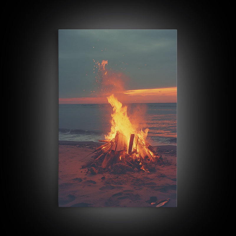 Beach Campfire Under The Stars, Photography Print, Framed Canvas Print, Beach House Decor, Coastal Decor, Beach Print, Beach Art