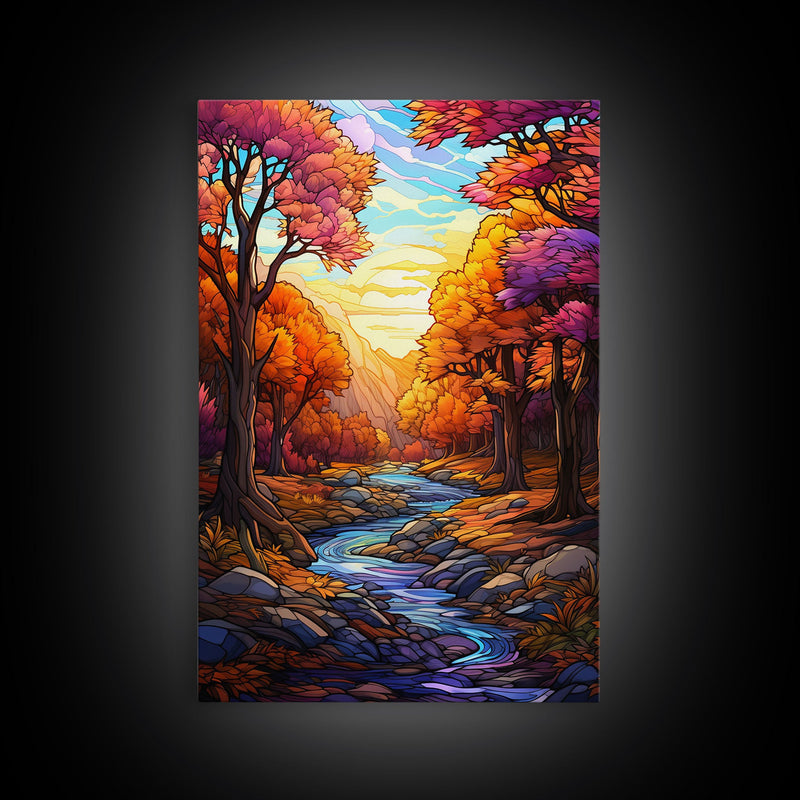 Beautiful Fall Decor, Framed Canvas Print, Mosaic / Stained Glass Style Painting, Gliclee Print, Autumn Decor, Thanksgiving Decorations