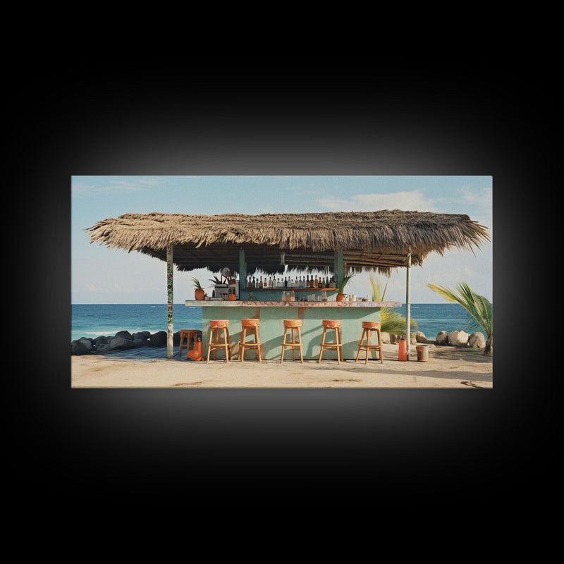 Beachside Tiki Hut Bar and Grill, Framed Canvas Print, Liminal Art, Framed Wall Decor Beach Photography, Surf Art, Surf Print Nautical Decor