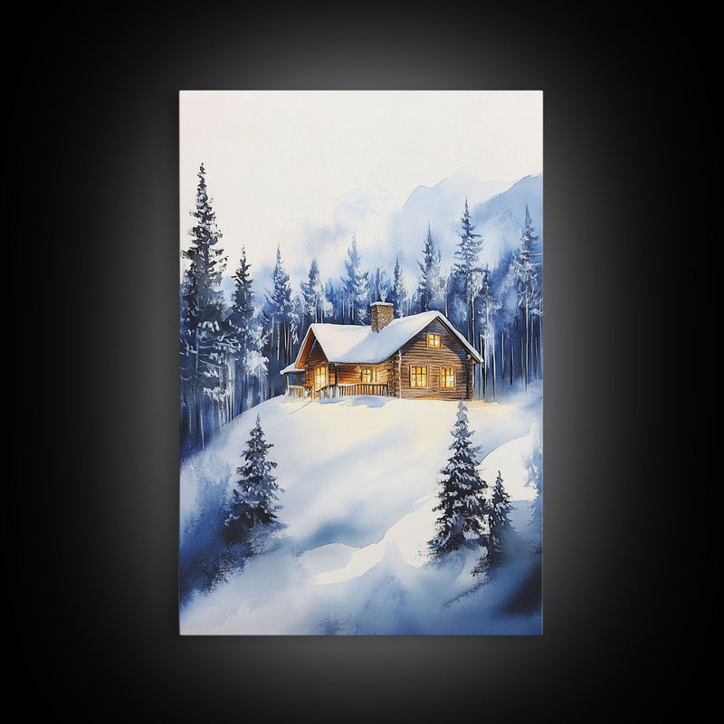 Winter Wonderland Landscape Print, Cabin In The Woods Rustic / Primitive Wall Art, Colorful Christmas