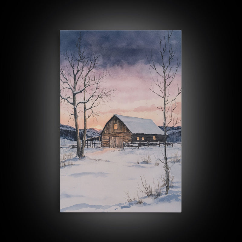 Barn In The Winter, Framed Canvas Print, Winter Landscape Print, Rustic Christmas Art, Primitive Decor