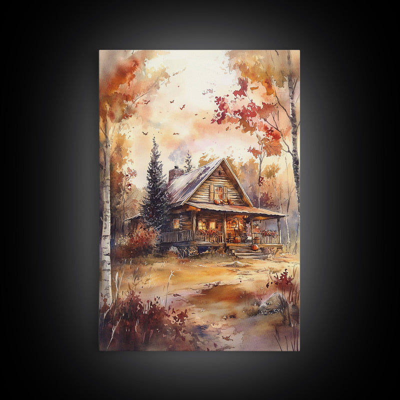 Beautiful Woods Cabin Framed Canvas Print, Extra Large Fall Decor, Mid Century Modern Autumn Wall Art, Modern Christmas