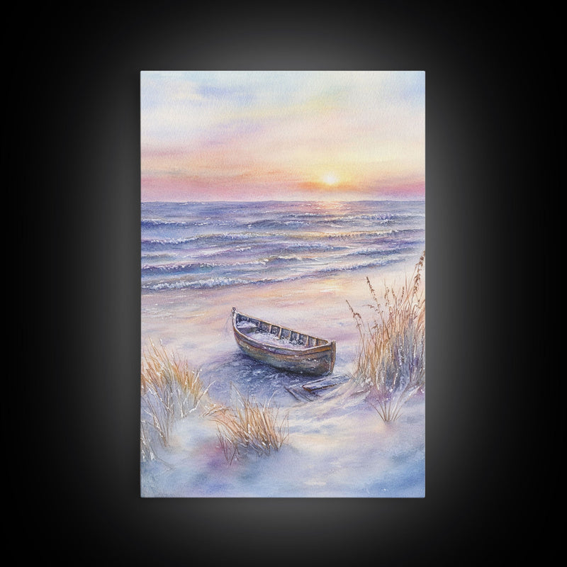 Abandoned Canoe On The Beach, Framed Canvas Print, Nautical Decor, Christmas Outdoor Decor, Christmas Prints Wall Art