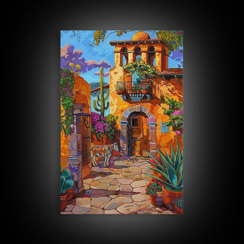 Bright Mexican Style Courtyard Tall Art Framed Canvas Print Featuring Vibrant Architecture And Desert Scenery