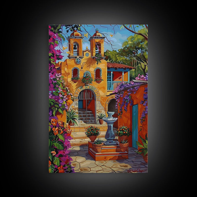 Bright Mexican Style Tall Art Framed Canvas Print Depicting Ornate Blue Door And Rustic Courtyard