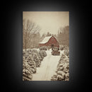 Snowy Farmhouse Christmas Scene with Red Barn and Vintage Truck, Perfect for Framed Canvas Print and Rustic Christmas Wall Art