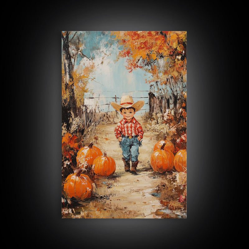 Autumn Cowboy Decor Canvas Print with Pumpkins, Fall Holiday Wall Art and Seasonal Gift Idea 2024