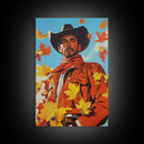 Autumn Cowboy Holiday Decor Framed Canvas Print with Leaves, Colorful Seasonal Wall Art Gift Idea 2024