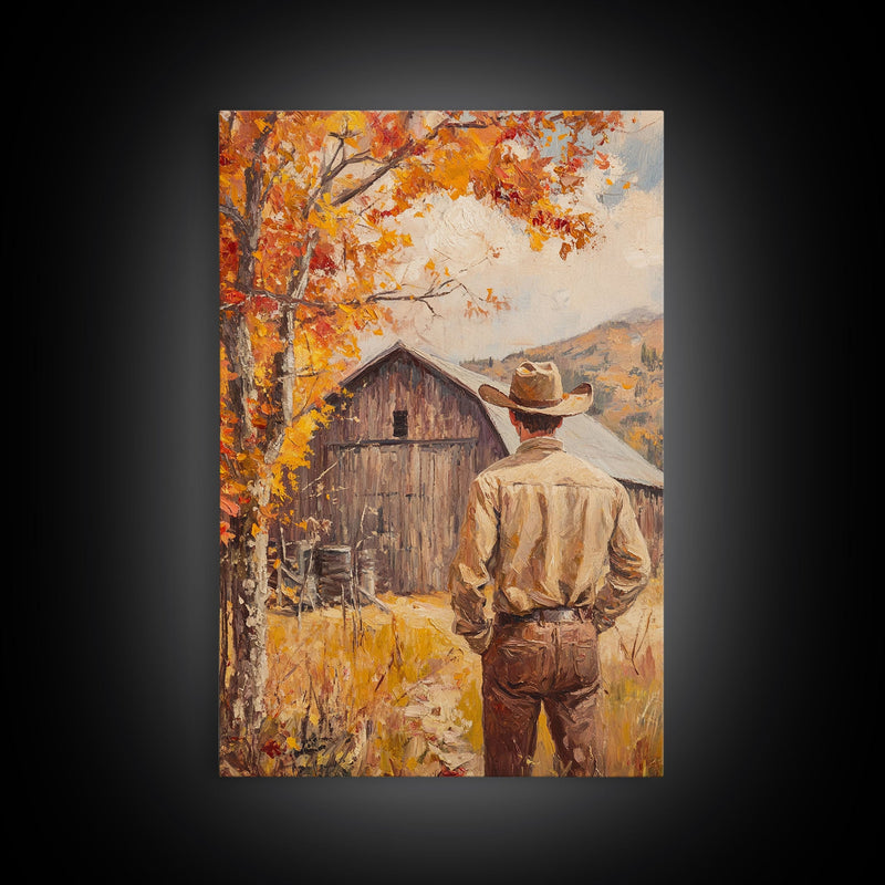 Autumn Cowboy Barn Framed Canvas Print - Fall Harvest Country Wall Art Best Gift Idea 2024 Rustic Farmhouse Decor