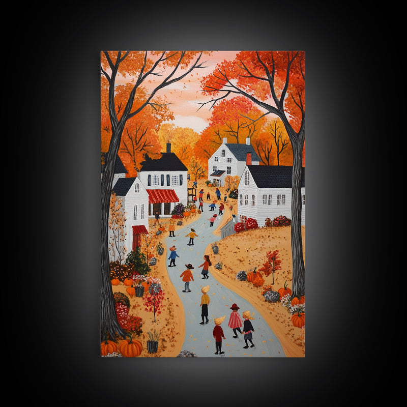 Autumn Village Scene Framed Canvas Print Tall Art With Fall Leaves And Pumpkins, Cozy Wall Art For Seasonal Farmhouse Decor