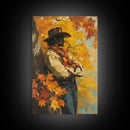 Cowboy Walking in Winter Forest at Sunset Canvas Print, Seasonal Western Wall Art, Rustic Christmas Wall Decor, Vibes, Framed Canvas Print
