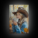 Fall-themed farmhouse framed canvas print a woman with coffee amidst autumn leaves ideal harvest home decor or seasonal wall art gift idea
