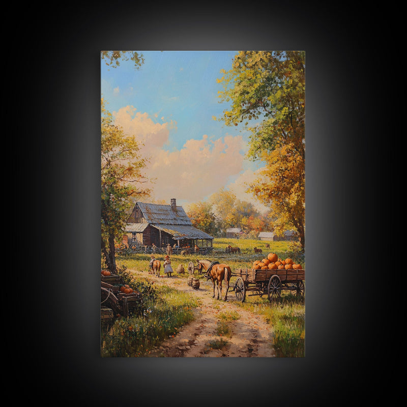 Autumn Farmhouse Harvest Scene With Pumpkins Framed Canvas Print Fall Wall Art Seasonal Home Decor Thanksgiving Wall Art Rustic Gift Idea