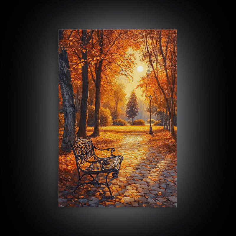 Autumn Park Bench Scene With Trees And Lamppost Framed Canvas Print Wall Art Fall Decor, Rustic Autumn Art Gift, Seasonal Canvas Art