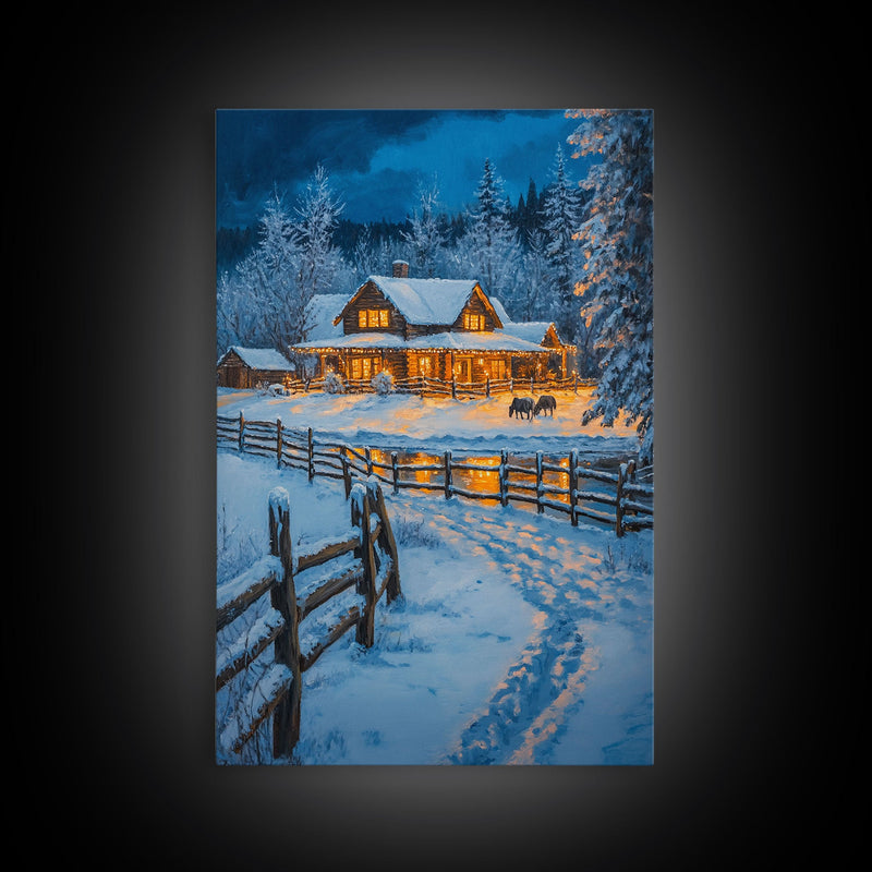 Warm Log Cabin In Snow Framed Canvas Print Wall Art Winter Holiday Decor, Country Christmas Art Gift, Rustic Winter Wonderland Art