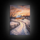 Snowy Path Leading To House Framed Canvas Print Wall Art Christmas Decor, Winter Holiday Art Gift, Cozy Christmas Wall Art