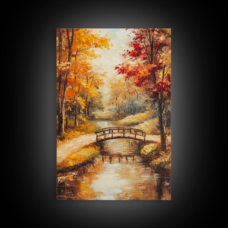 Autumn Bridge Over Stream Framed Canvas Print Wall Art Fall Landscape Decor, Rustic Autumn Art Gift, Seasonal Wall Art