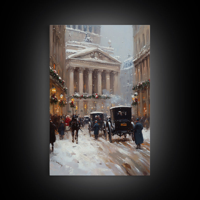 Victorian Winter Street Framed Canvas Print, Nostalgic Snowy City Scene with Horse-Drawn Carriages, Christmas Charm for Holiday Wall Art