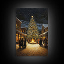 Western Christmas Town Gathering Framed Canvas Print, Cowboy Christmas Eve by the Bonfire Tree, Festive Winter Wall Art Rustic Holiday Decor
