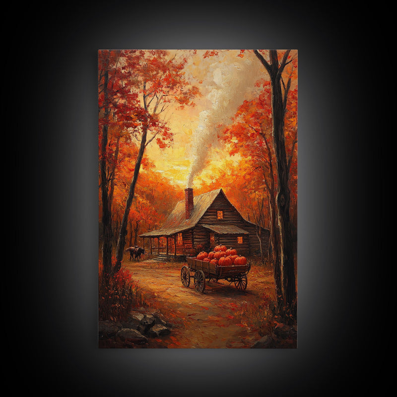 Autumn Cabin with Pumpkins Framed Canvas Print, Warm Fall Countryside Scene with Golden Leaves, Cozy Rustic Farmhouse Wall Art Decor