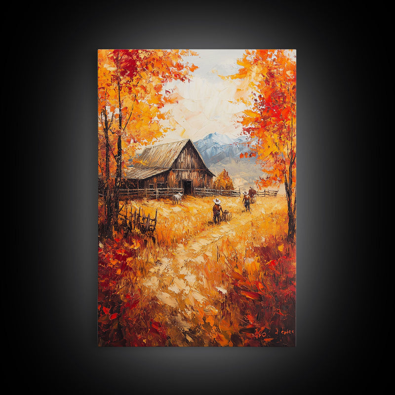 Autumn Barnyard Framed Canvas Print, Vibrant Fall Landscape Cowboy and Barn, Perfect Rustic Wall Art Farmhouse or Ranch Style Fall Decor