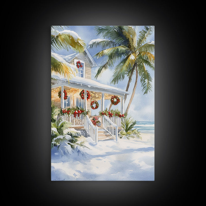 Beach Christmas porch with palm trees and wreaths, holiday decor Framed Canvas Print Christmas wall art farmhouse tropical decor idea