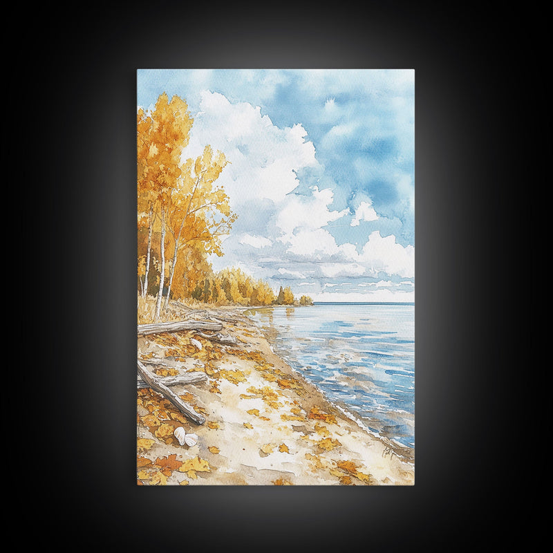 Autumn beach scene with golden trees and calm shoreline Framed Canvas Print, fall landscape art perfect autumn wall decor for rustic homes