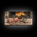 Canvas Print Cozy Fireplace with Christmas Blanket and Mug, Rustic Christmas Decor, Holiday Home Art, Warm Christmas Wall Art