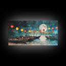 Framed Canvas Print Full Moon Lanterns on Boats, Dreamy Night Scene, Watercolor Christmas Art, Unique Holiday Decor, Coastal Christmas