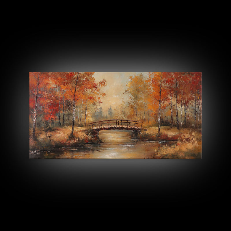 Autumn Bridge Over Quiet River Tall Art Framed Canvas Print Serene Fall Landscape With Colorful Foliage And Peaceful Reflections