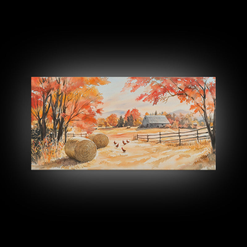 Autumn farmhouse decor Canvas Print fall landscape with barn and chickens harvest season gift idea rustic fall wall art holiday home decor