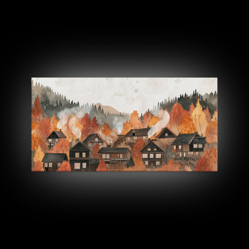 Autumn village decor Framed Canvas Print rustic village with fall trees cozy seasonal wall art gift idea moody landscape autumn home decor