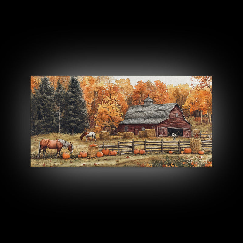 Autumn Barn Pumpkin Horses Canvas Print Farmhouse Fall Decor Seasonal Wall Art Framed Canvas Print Rustic Fall Farmhouse Wall Art