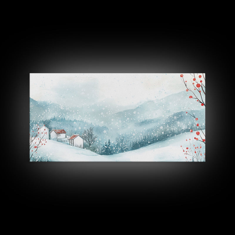 Winter mountain village art, snow-covered landscape, holiday wall art, winter wall decor, cozy winter home decor, framed canvas print