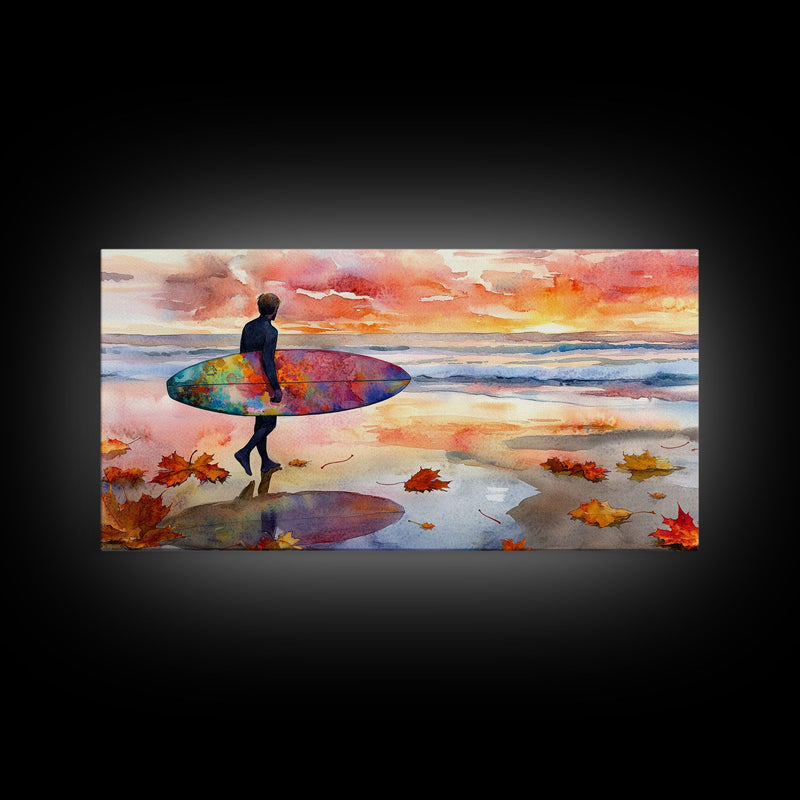 Autumn Surfing Sunset Canvas Print | Fall Surf Art Gift | Seasonal Wall Art Decor | Gift Idea | Beach Decor Fall Theme | Framed Canvas Print