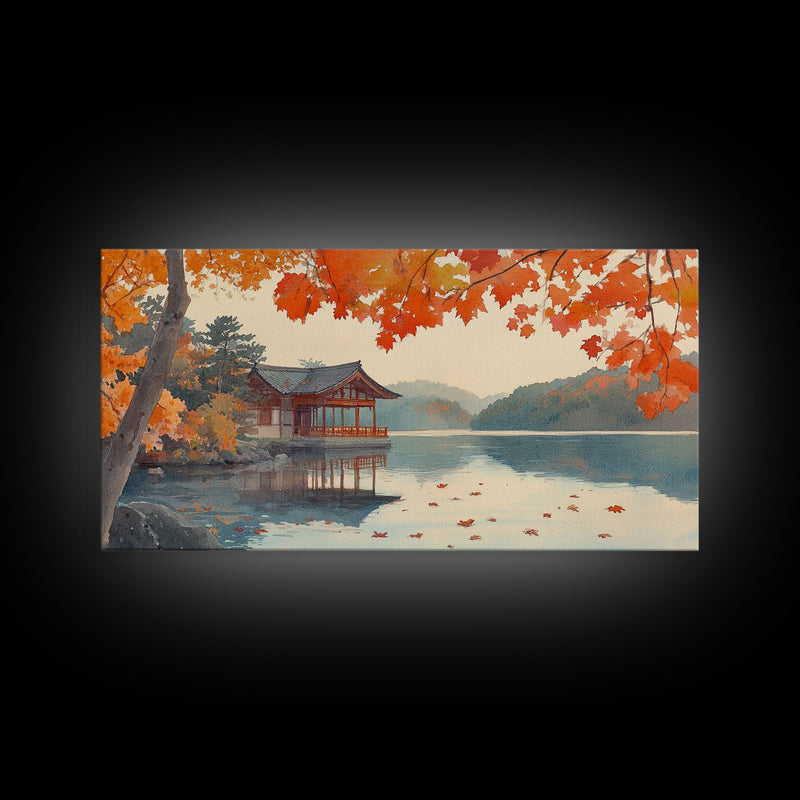 Autumn Japanese Lake House Canvas Print | Fall Wall Art Home Decor | Seasonal Fall Art | Gift Idea | 2024 Autumn Home Wall Art