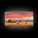 Rustic Mountain Barn Sunset Canvas Print | Autumn Farmhouse Wall Art | Fall Home Decor | Holiday Art Gift | Framed Canvas Print Wall Decor