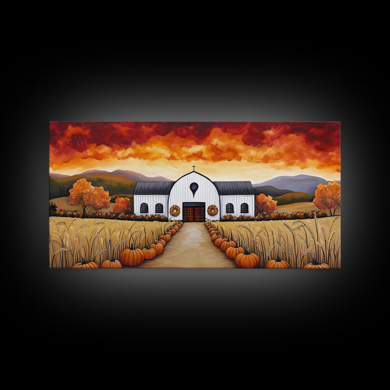 Autumn pumpkin farm with barn, canvas print, fall farmhouse decor, rustic autumn home decor, cozy fall harvest wall art for seasonal display