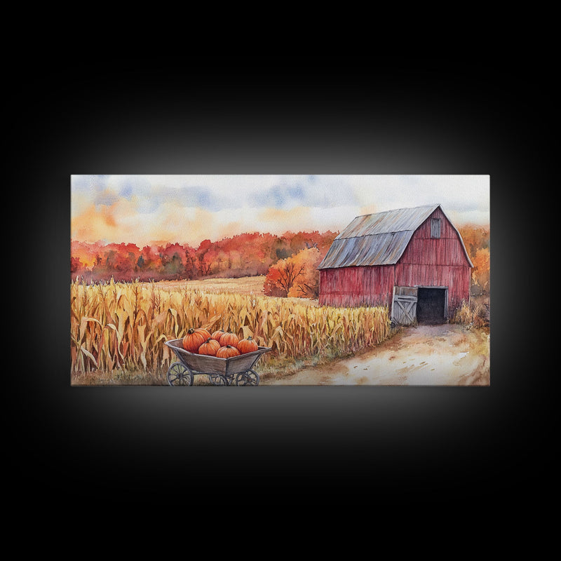 Autumn Barn with Pumpkins in Wheelbarrow, Farmhouse Fall Decor, Framed Canvas Print, Seasonal Wall Art, Country Home Decor, Gift Idea