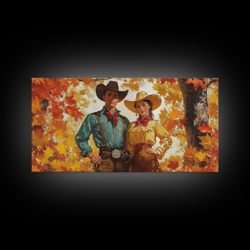 Autumn Cowboy In Forest Framed Canvas Print Western Cowboy Wall Art Fall Cowboy Gift Rustic Wall Decor Moody Landscape Above Sofa