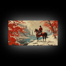 Cowboy resting by campfire under aspen trees with mountains in background, Framed Canvas Print, rustic wall art, warm western decor piece