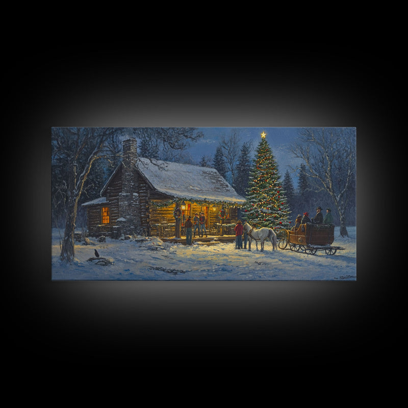 Winter Christmas Framed Canvas Print Cabin Christmas Tree Scene Wall Art Large Christmas Decor Perfect Rustic Holiday Wall Art