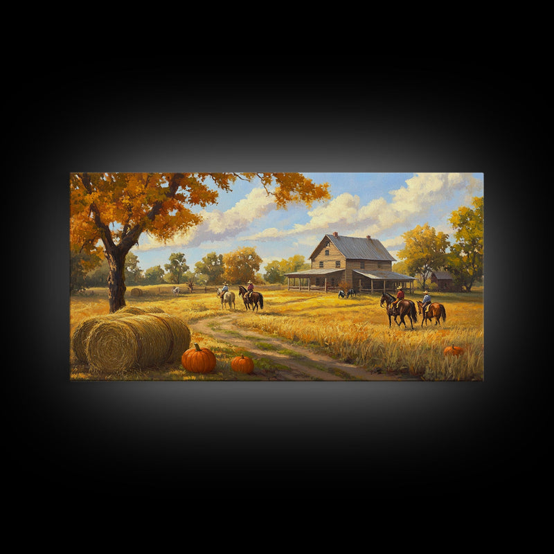 Autumn Ranch Framed Canvas Print Pumpkin Patch Rustic Art Country Home Decor Large Fall Wall Art Farmhouse Style Thanksgiving Decor