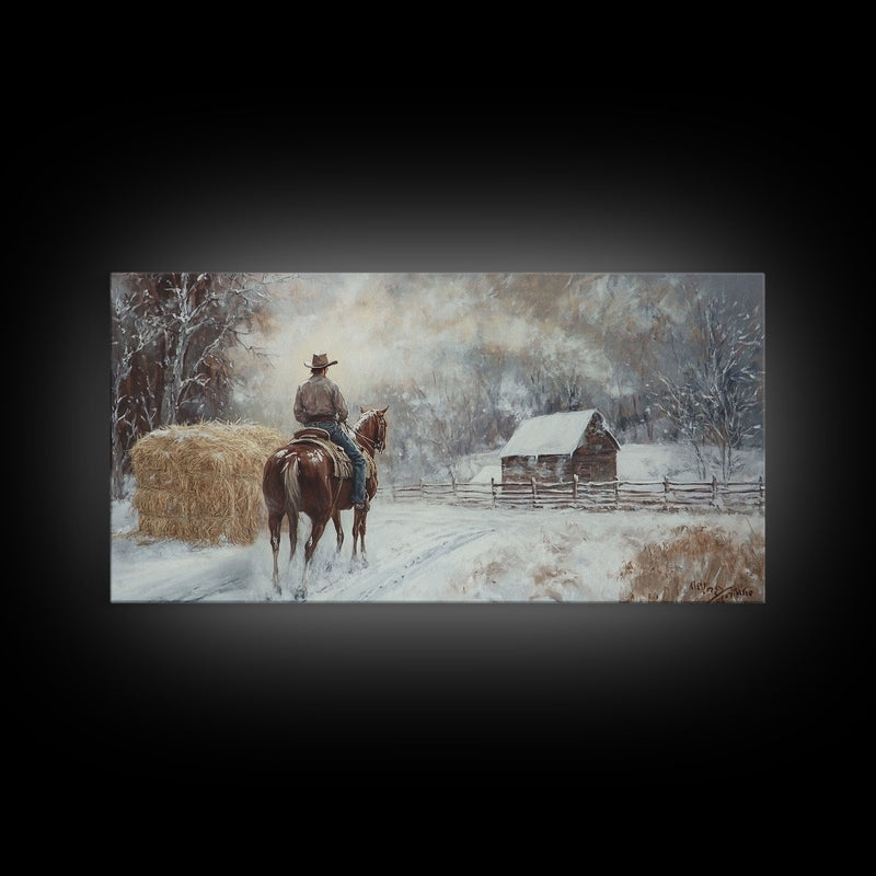 Autumn-themed Framed Canvas Print of a cowgirl in a pumpkin patch surrounded by vibrant fall leaves, seasonal decor and cozy fall accents