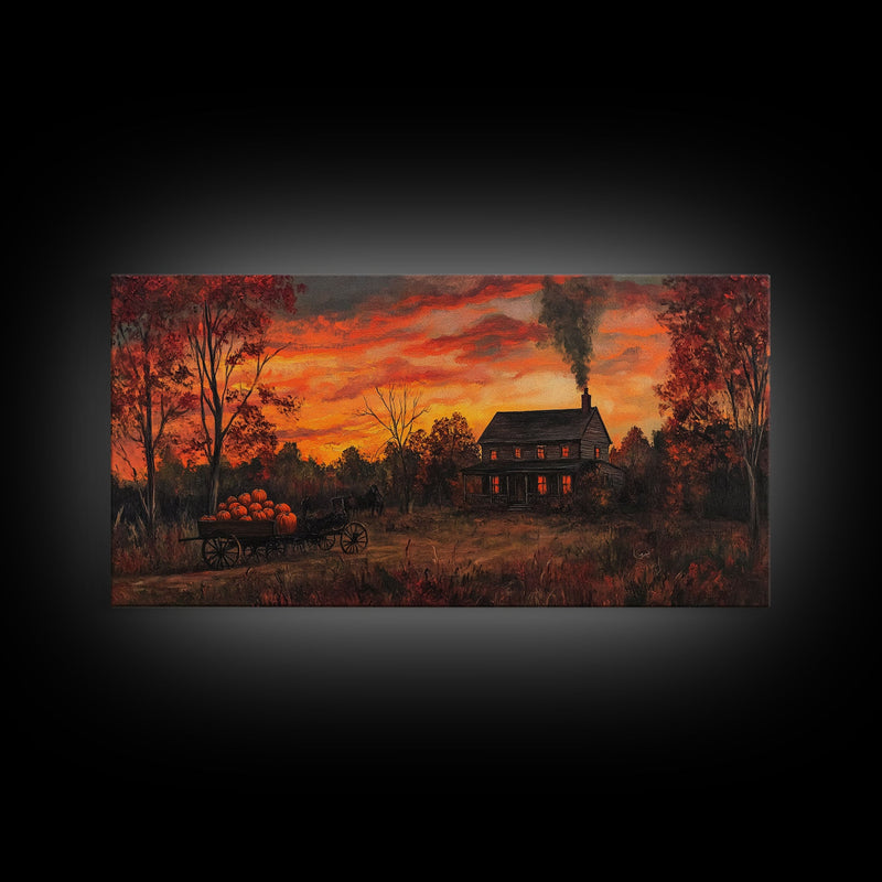 Autumn Sunset With Pumpkins And Horse Wagon, Cozy Fall Landscape Wall Art, Rustic Country Framed Canvas Print, Warm Autumn Home Decor