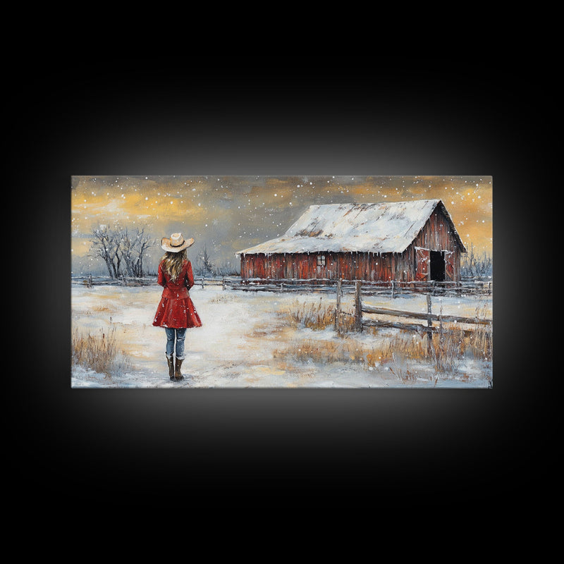 Barn Painting Framed Canvas Print, Cowgirl and her Barn, Rustic Farmhouse Decor, Winter Painting, Winter Wonderland, Farmhouse Wall Art