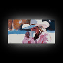 Cowgirl Enjoying A Cup of Coffee, Framed Canvas Print, Winter Wall Art, Pink Decor, Gift For Her, Seasonal Winter Home Decor